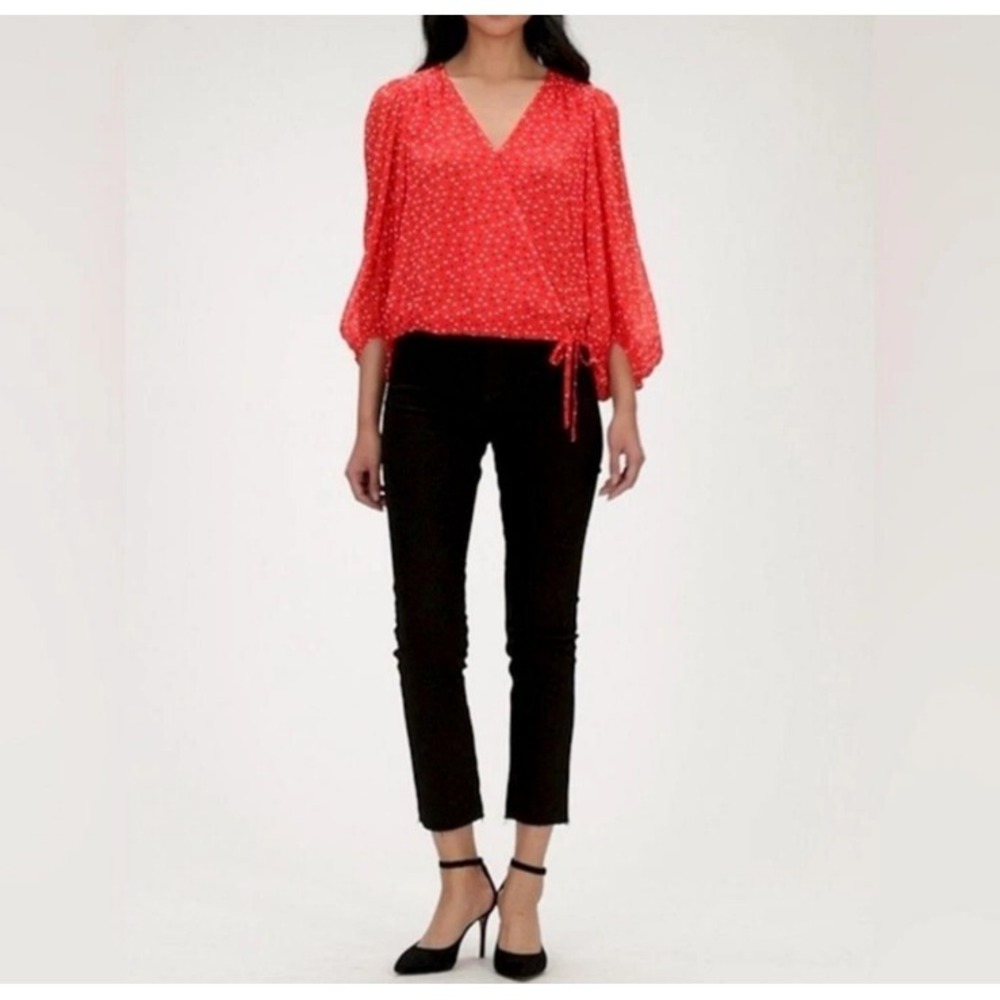 Banana Republic Crisscross Red Heart Print Top V-Neck 3/4 Bubble Sleeves SZ XL